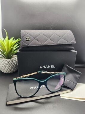 Chanel Women's Green Cat-Eye Glasses with Gold Chain Detail
